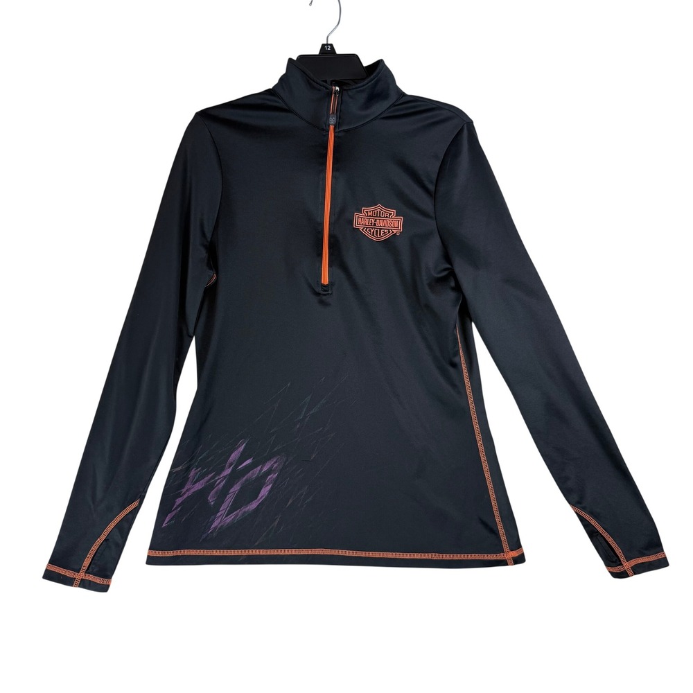 Harley Davidson Quarter Zip Women Large Black Orange Daytona Moto Biker Gorpcore
